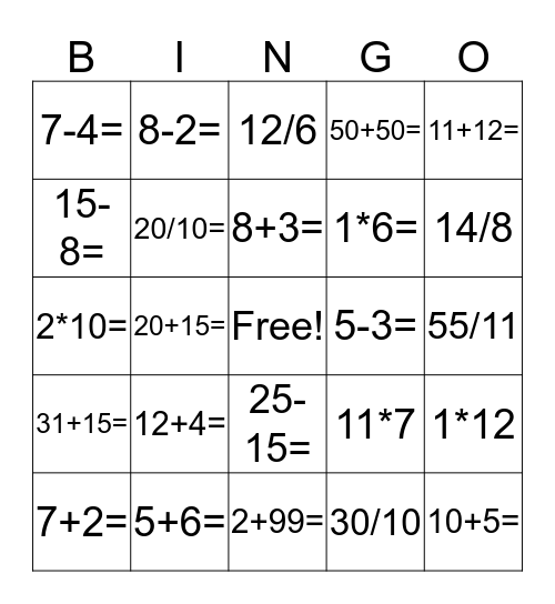 Math Bingo Card