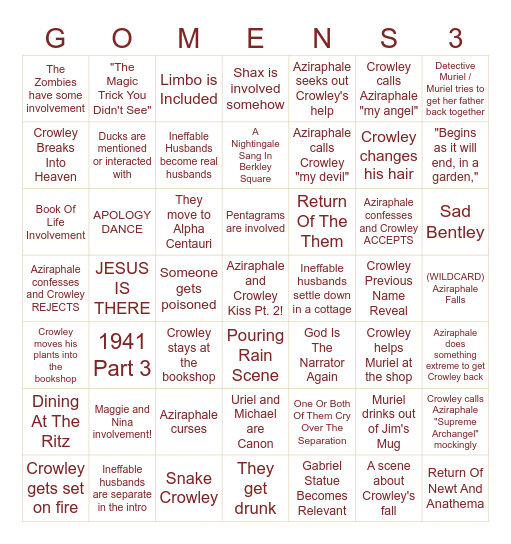 Good Omens Season 3 Bingo Card