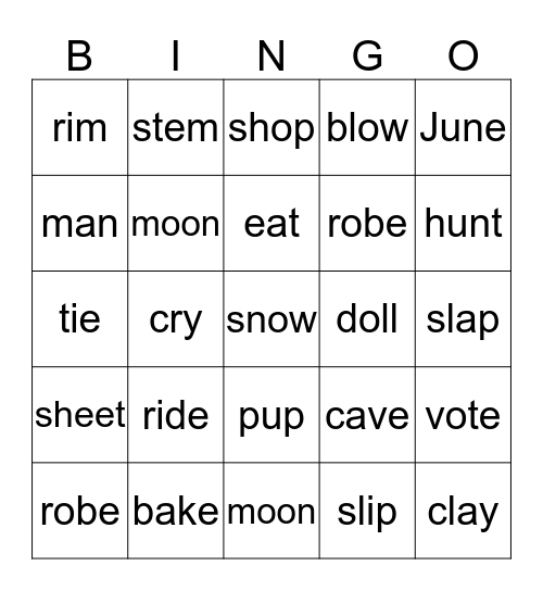 Long and Short Vowels Bingo Card