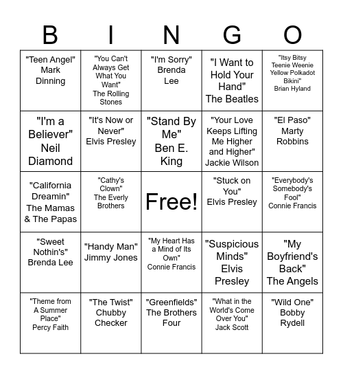 60s Music Bingo Card