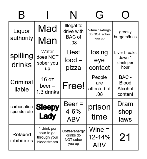 Tipsy Bingo Card