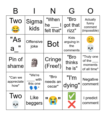 YouTube short bingo Card