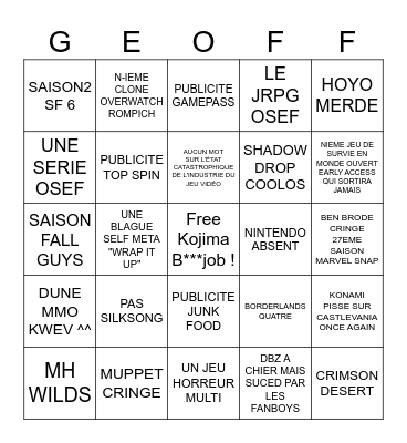 Summer Game Fest Bingo Card