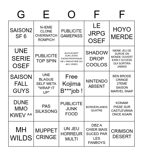 Summer Game Fest Bingo Card