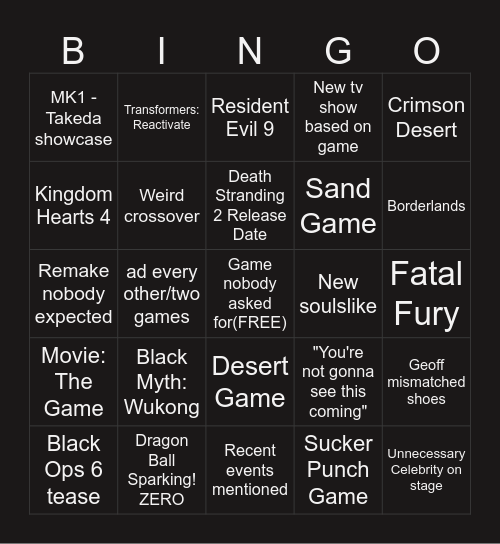 Summer Game Fest 2024 Bingo Card