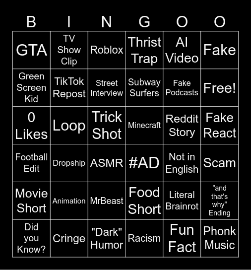 YouTube Shorts Bingo Card