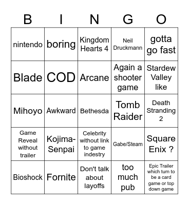 Summer Game Fest 2023 Bingo Card