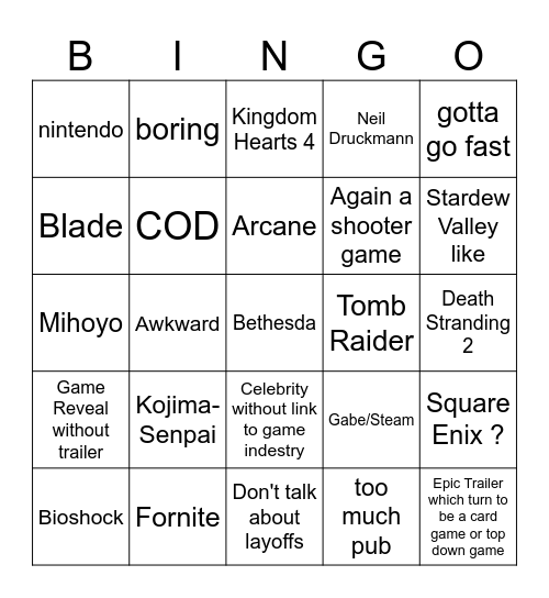 Summer Game Fest 2023 Bingo Card