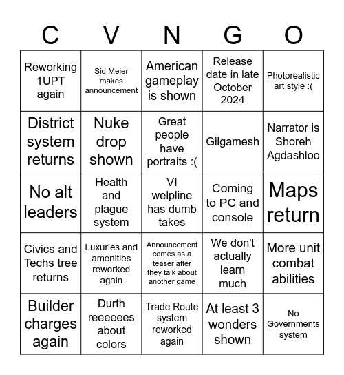Civ VIIngo Bingo Card