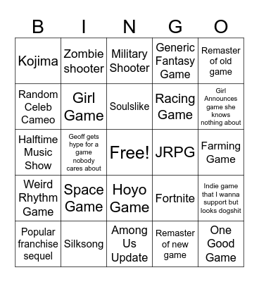 Game Awards Bingo Card