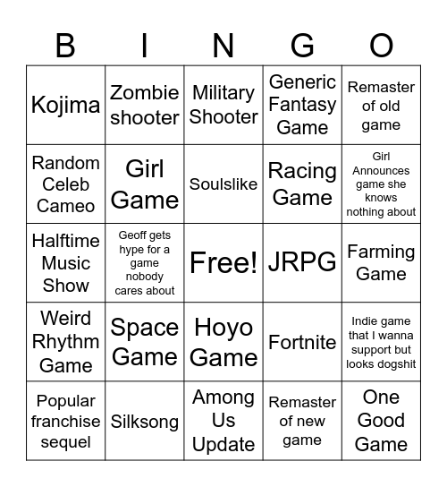 Game Awards Bingo Card