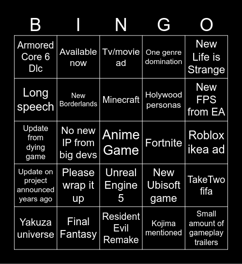 Summer Games Fest Bingo Card