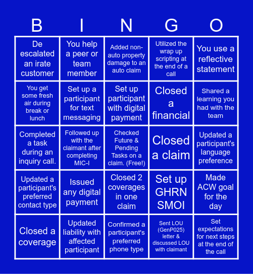 Holistic Claim Handling Bingo Card