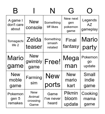 Nintendo bingo Card