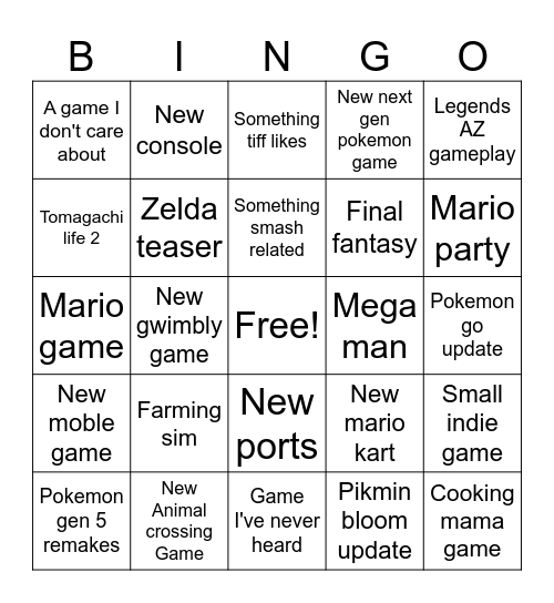 Nintendo bingo Card