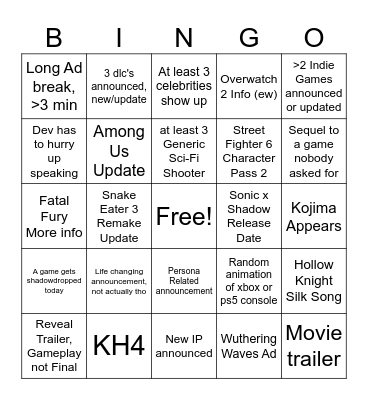 Summer Game Fest 2024 Bingo Card