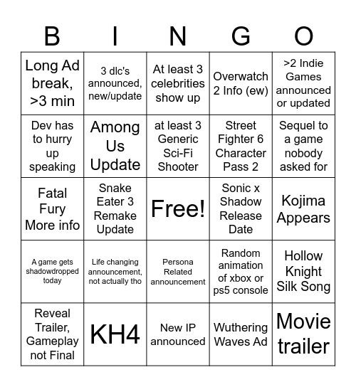 Summer Game Fest 2024 Bingo Card