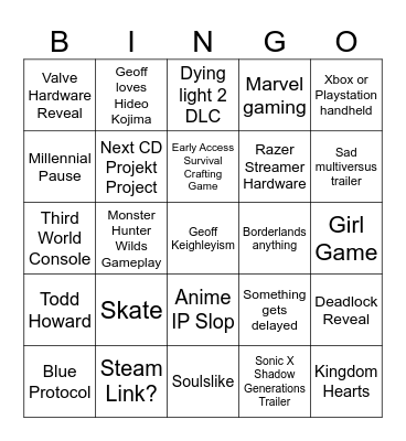 SUMMER GAME BONANZA Bingo Card