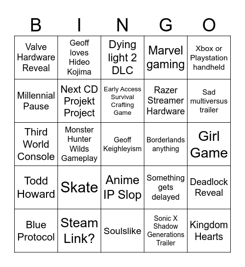 SUMMER GAME BONANZA Bingo Card