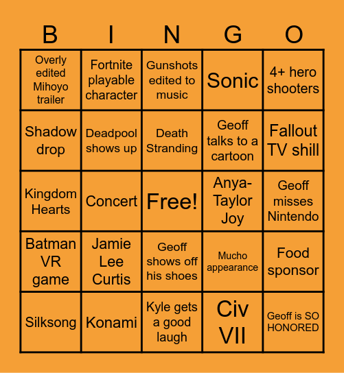 Geoff's Wacky Fun Time for Epic Gamers Bingo Card