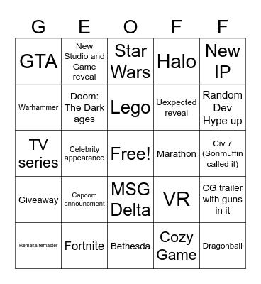 Summer Games Fest Bingo Card