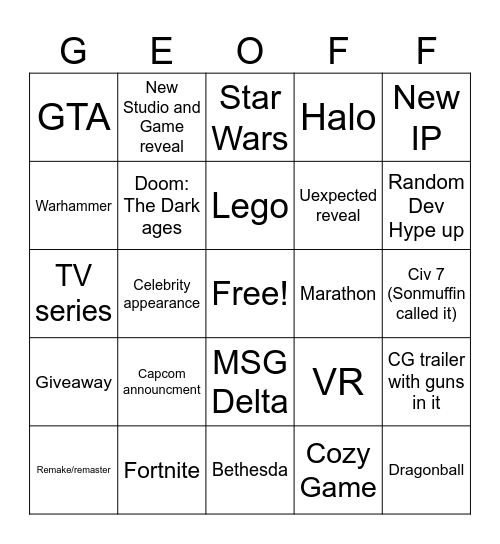 Summer Games Fest Bingo Card