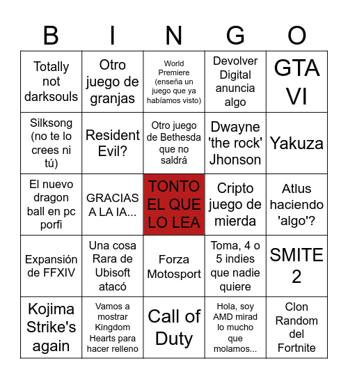 El Bingo del Sumer Game fest Bingo Card