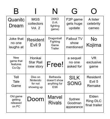 Summer Game Fest Bingo Card