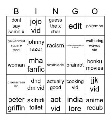 shorts Bingo Card