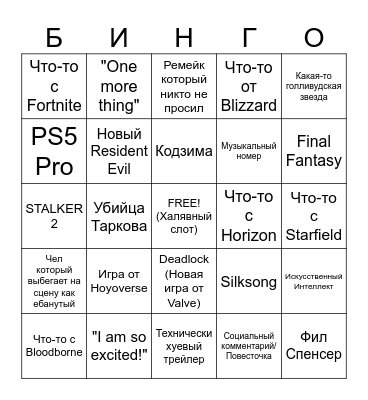 Summer Game Fest Бинго Bingo Card