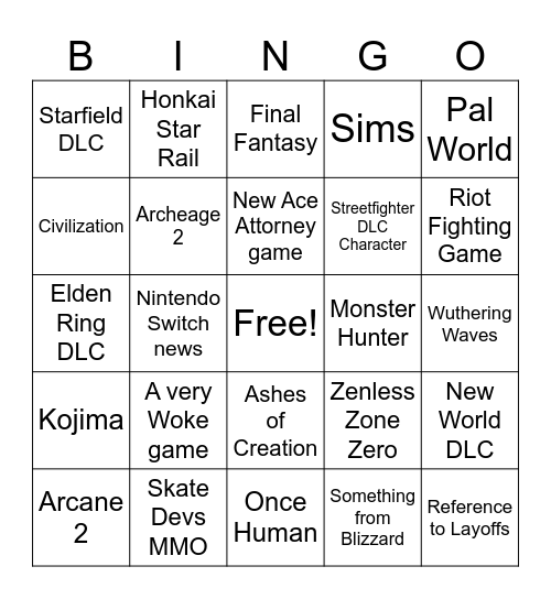 Summer Game Fest 2024 Bingo Card