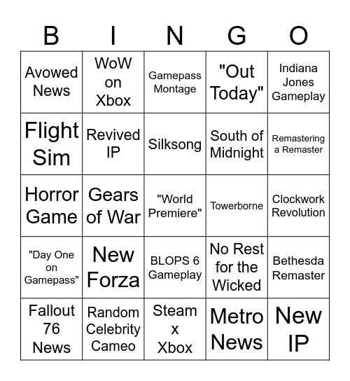 Xbox 2024 Bingo Card