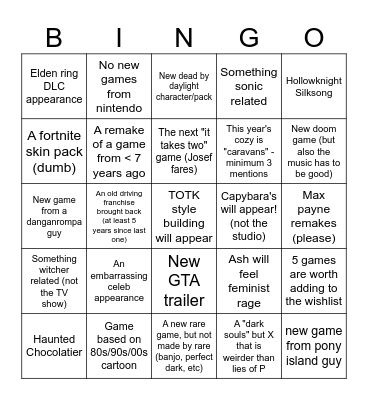 Not E3 2024 Bingo Card