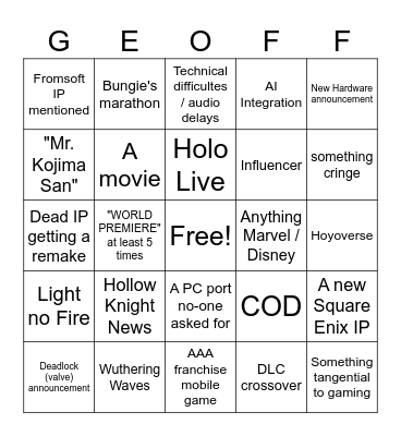 Summer Games Fest Bingo Card