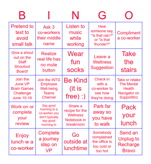 West Grove Wellness Bingo Card