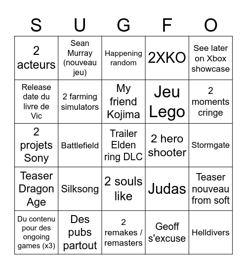 Summer Game Fest Bingo Card