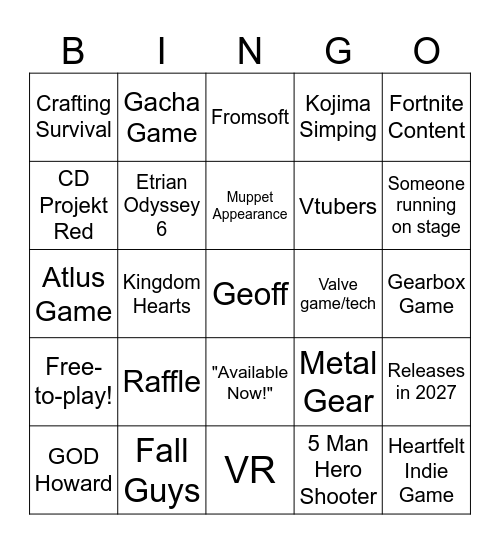 Gamesfest Bingo Card