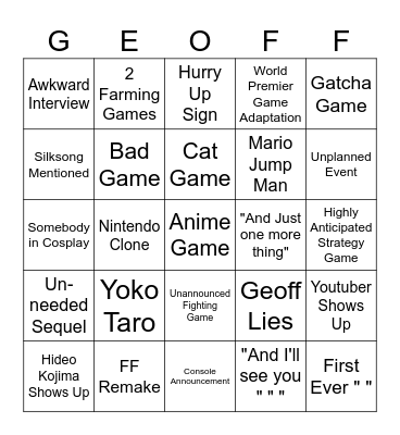 GEOFF Bingo Card