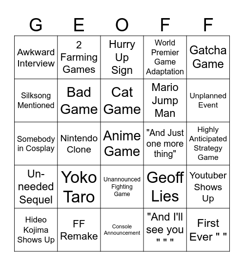 GEOFF Bingo Card