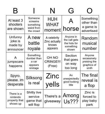 SUmmer Game Fest Bingo Card