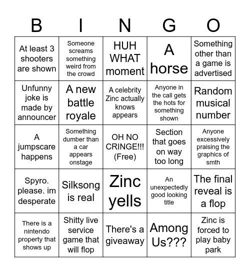 SUmmer Game Fest Bingo Card