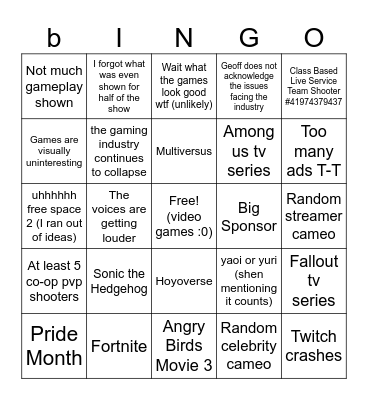 Summer Games Fest 2024 Bingo Card