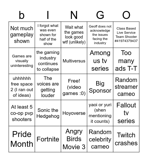 Summer Games Fest 2024 Bingo Card