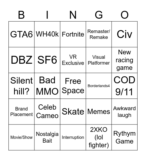 Summer game fest 2024 Bingo Card