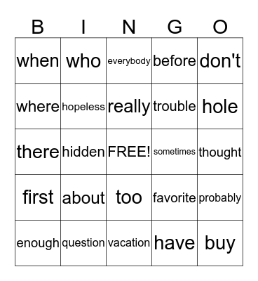 Sight Word Bingo Card