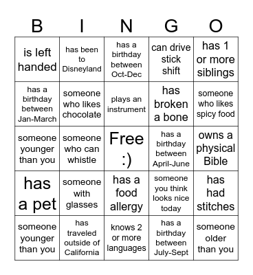 Friend Bingo Card