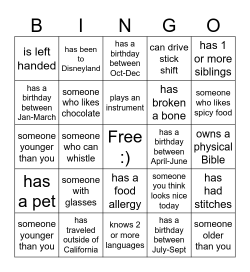 Friend Bingo Card