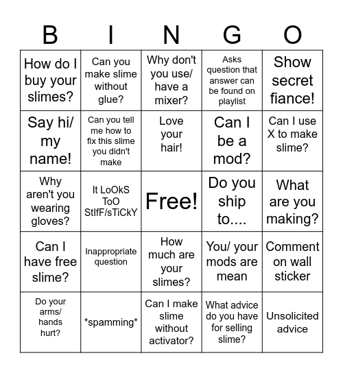 Rainbow Slime Girl Live Bingo Card