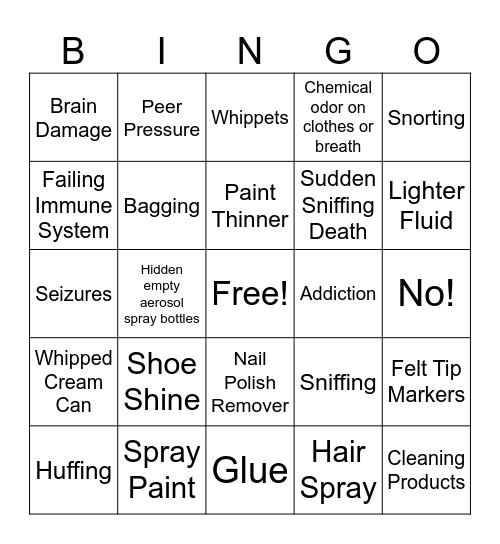 Inhalants Bingo Card