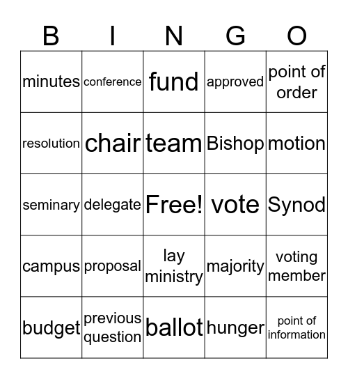 synod Assembly Bingo Card
